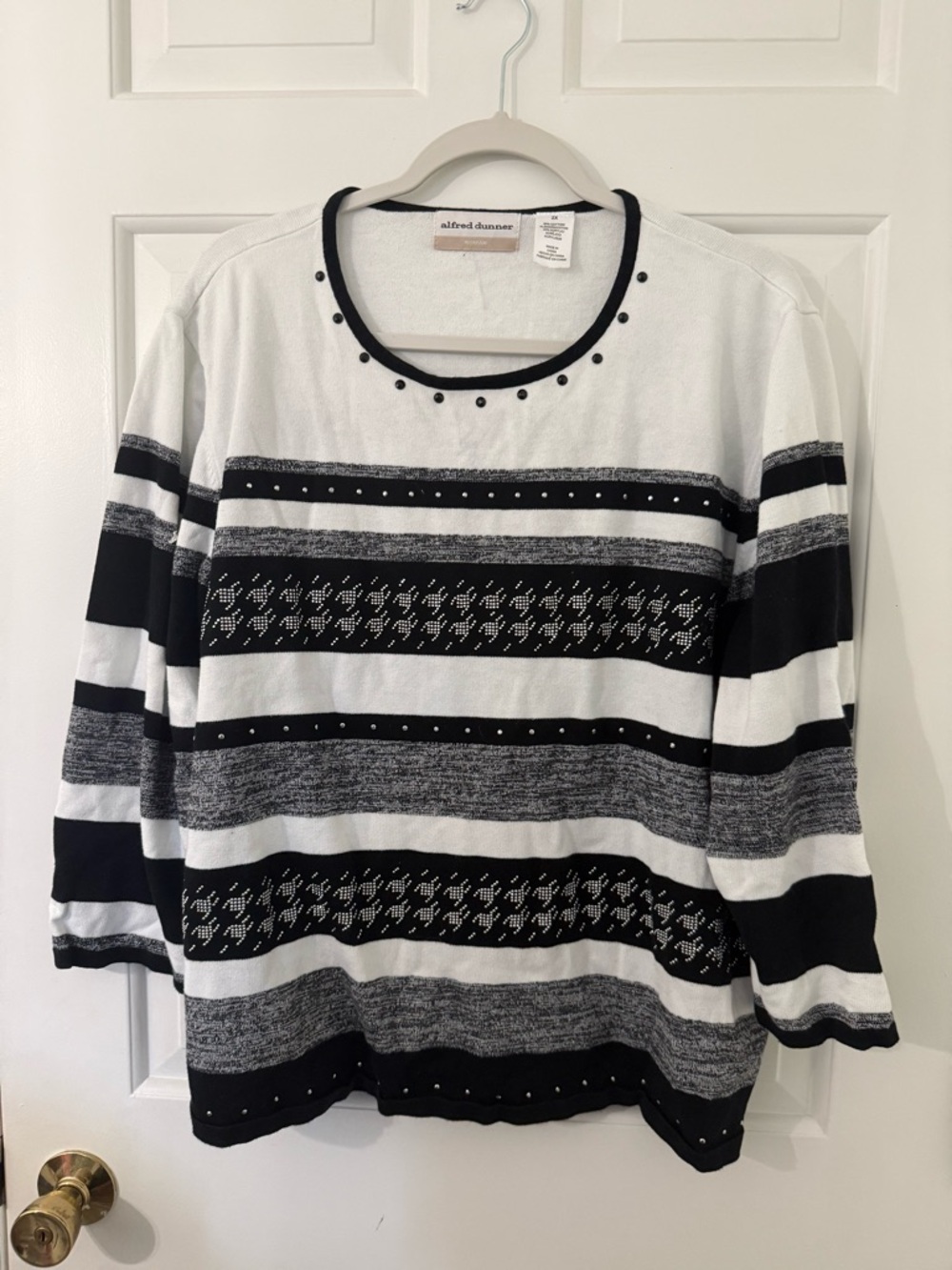 Alfred Dunner Black, White & Gray Striped Scoop Neck Sweater